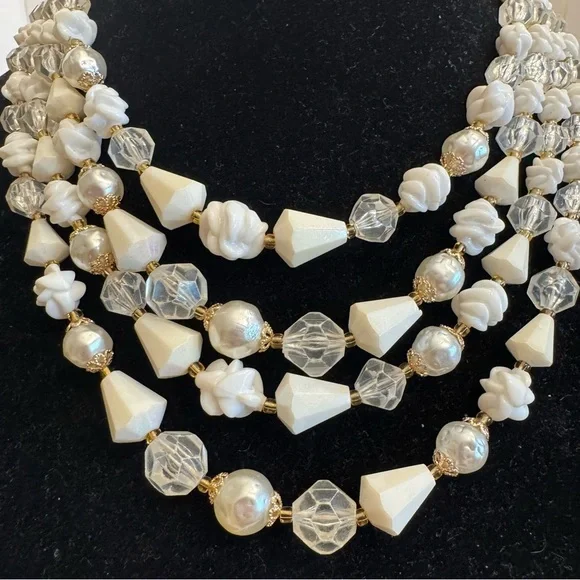 Vintage West Germany Multifaceted Four Strand Lucite Beads Faux Pearl Necklace - Picture 3 of 16